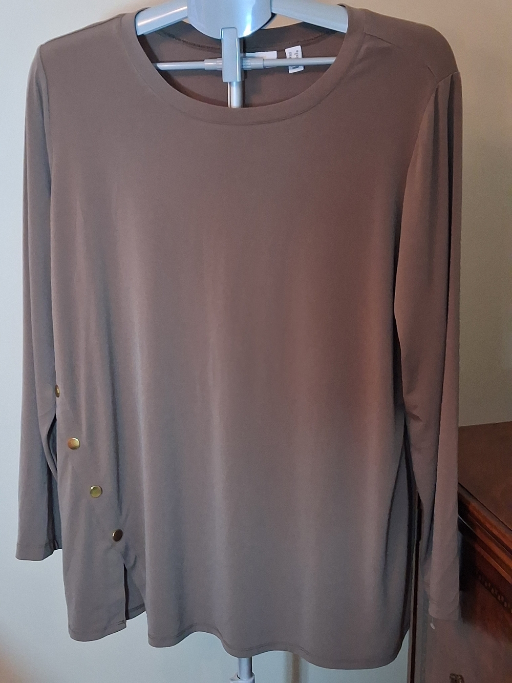Susan Graver Taupe Long-Sleeve Top with Gold Side Buttons